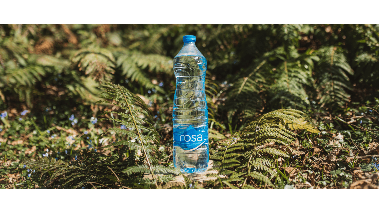 Flaša Rosa prirodne izvorske vode postavljena na tlo među zelenim papratima u prirodnom okruženju