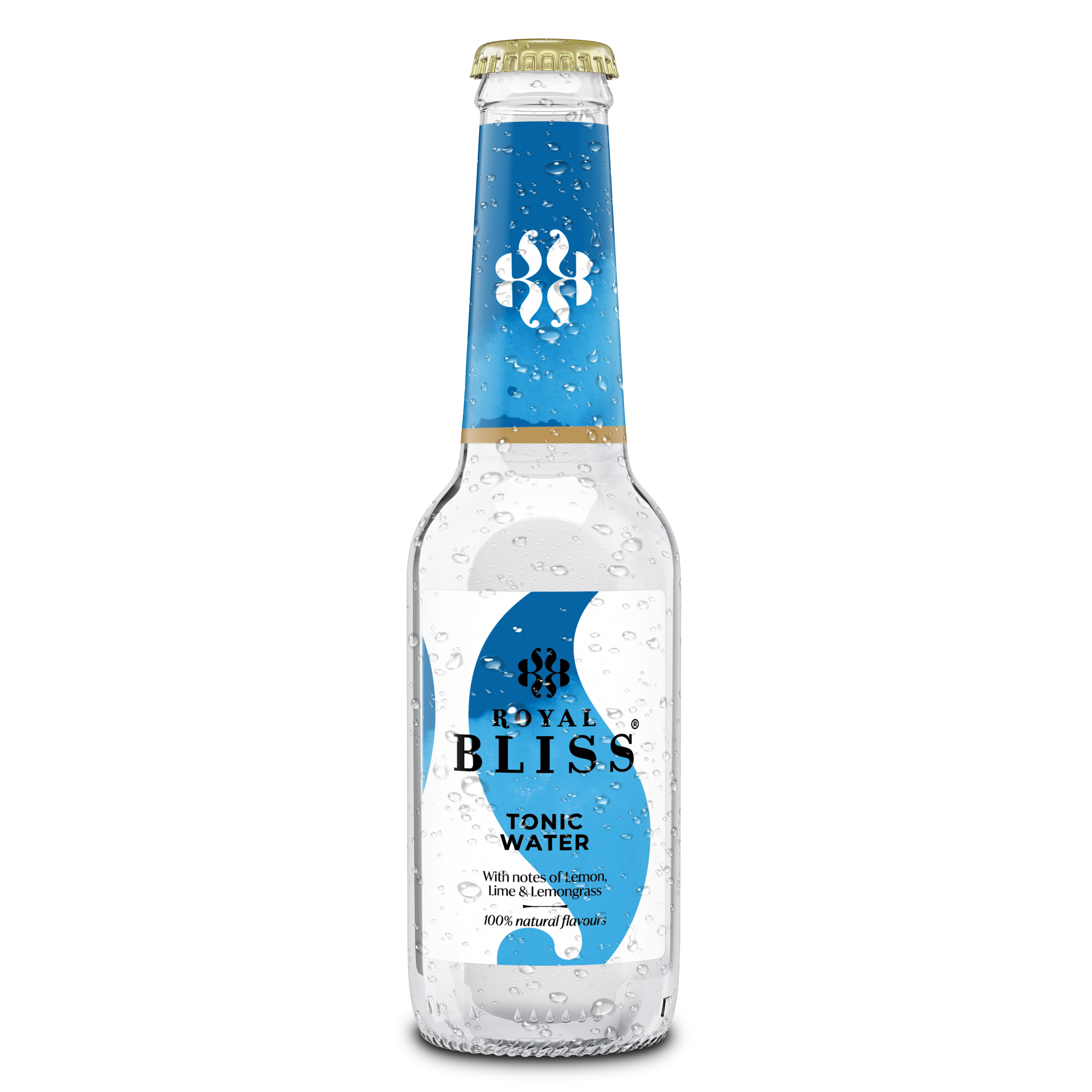 En glasflaska med Royal Bliss Creative Tonic Water
