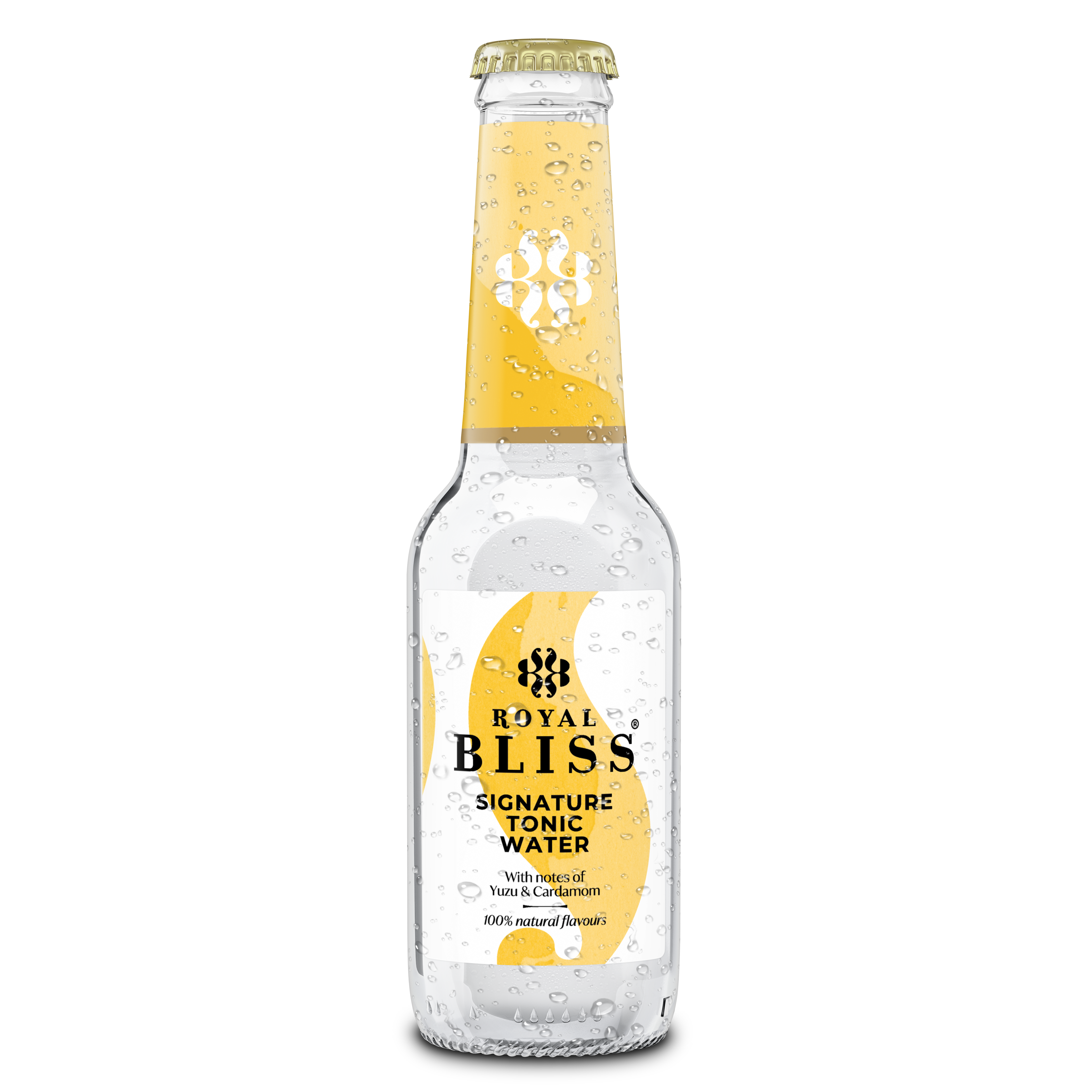 En glasflaska med Royal Bliss Vibrant Yuzu Tonic Water