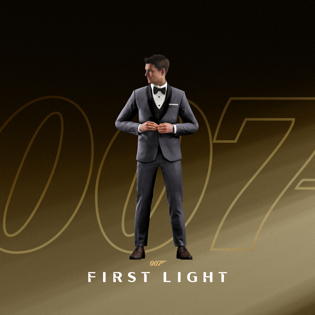 En stilrent klädd man i mörk kostym och fluga står centrerad mot en gyllene bakgrund med den stora 007‑logotypen, med texten 007 First Light nedtill. Bilden representerar Exklusiv 007 First Light DLC‑kod – First Class och förmedlar ett elegant, exklusivt spiontema.