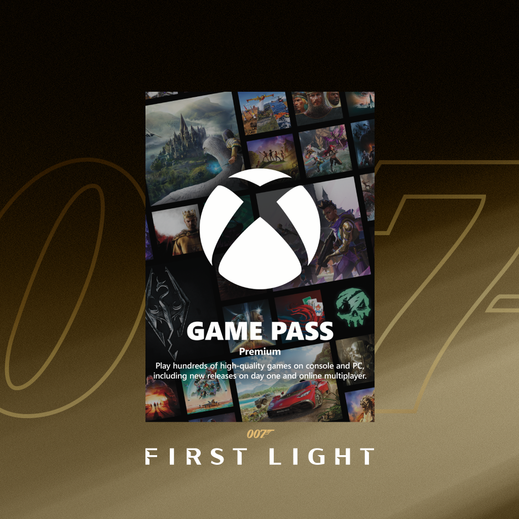 Reklambild för Xbox Game Pass Premium med Xbox‑logotypen i mitten, ett collage av spelbilder runtom och texten ”Game Pass Premium”. Längst ned syns texten ”007 First Light” mot en guldtonad bakgrund.