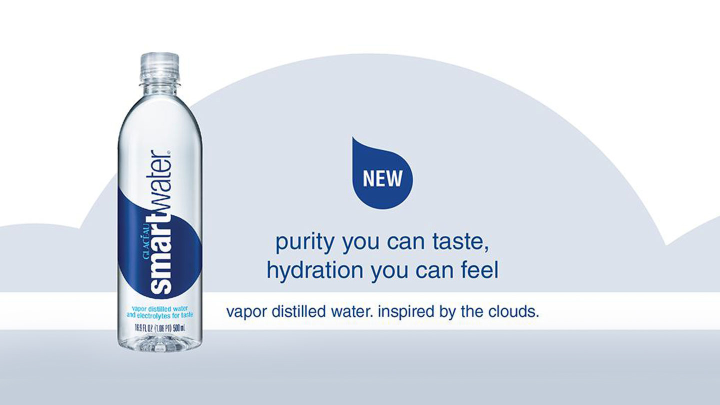 A Glaceau Smartwater bottle on a white background with text