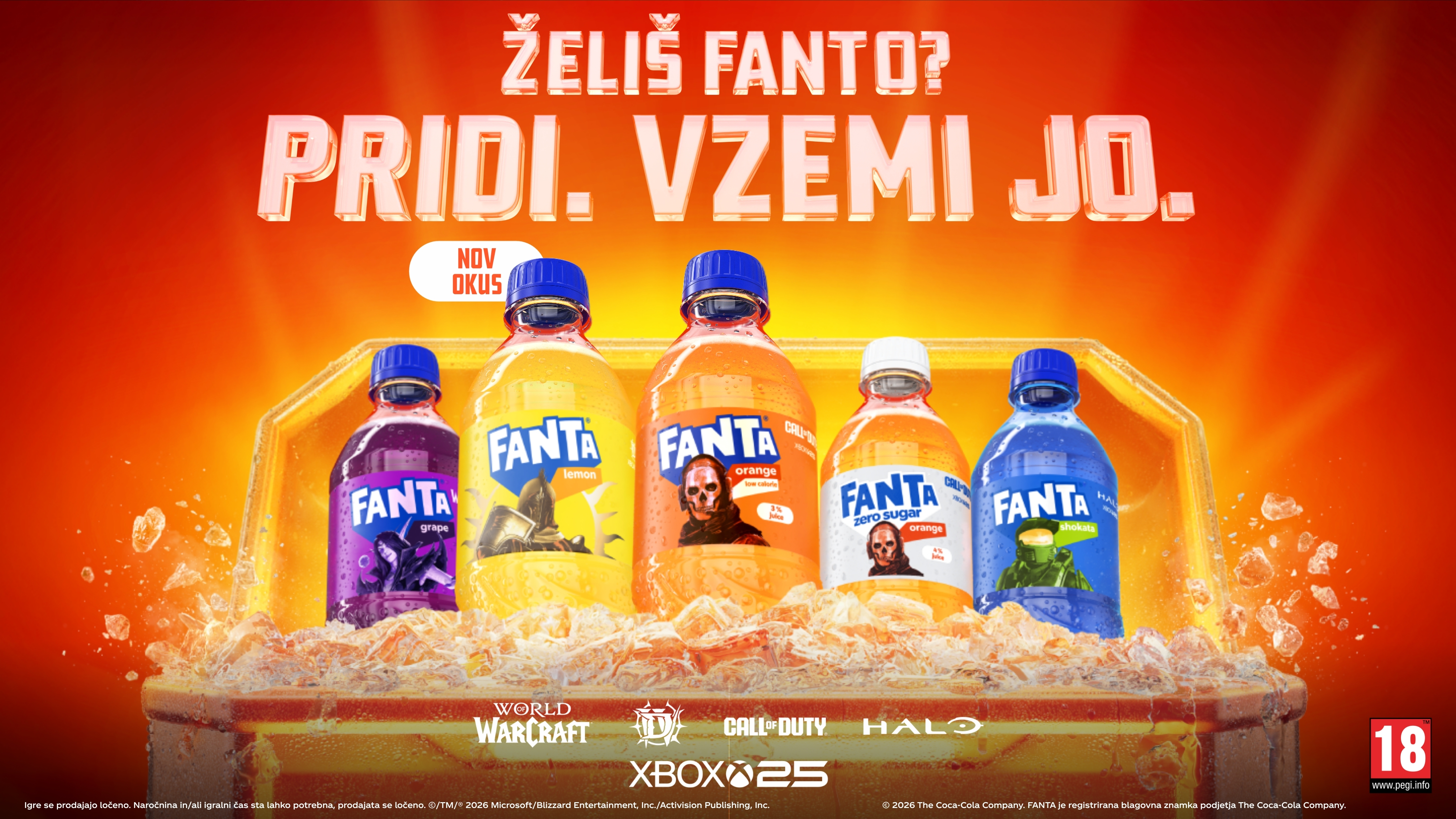 A rewards chest opened to reveal Fanta cans featuring characters from Forza Horizon 6, Call of Duty, Diablo IV, Halo and World of Warcraft. Text reads: "Wanta Fanta? Come get it."