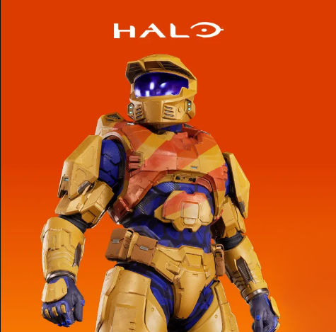 Master Chief wearing a Fanta orange suit of armor under a Halo logo against an orange background