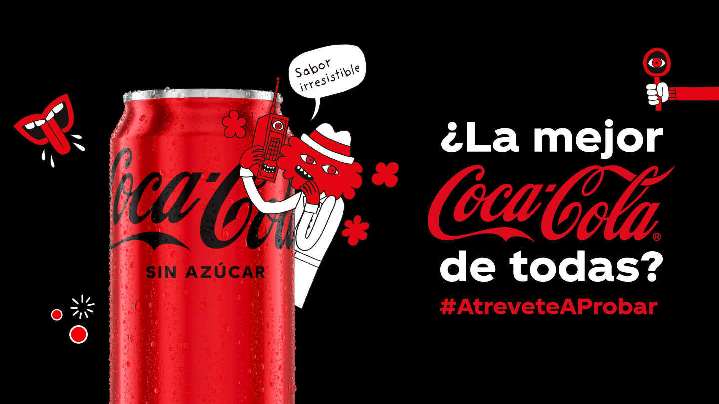 Lata de Coca-Cola Sin Azúcar y un personaje animado rojo al costado hablando por un teléfono diciendo "Sabor Irresistible" sobre un fondo negro junto al texto: ¿La mejor Coca-Cola de todas? #AtreveteAProbar 