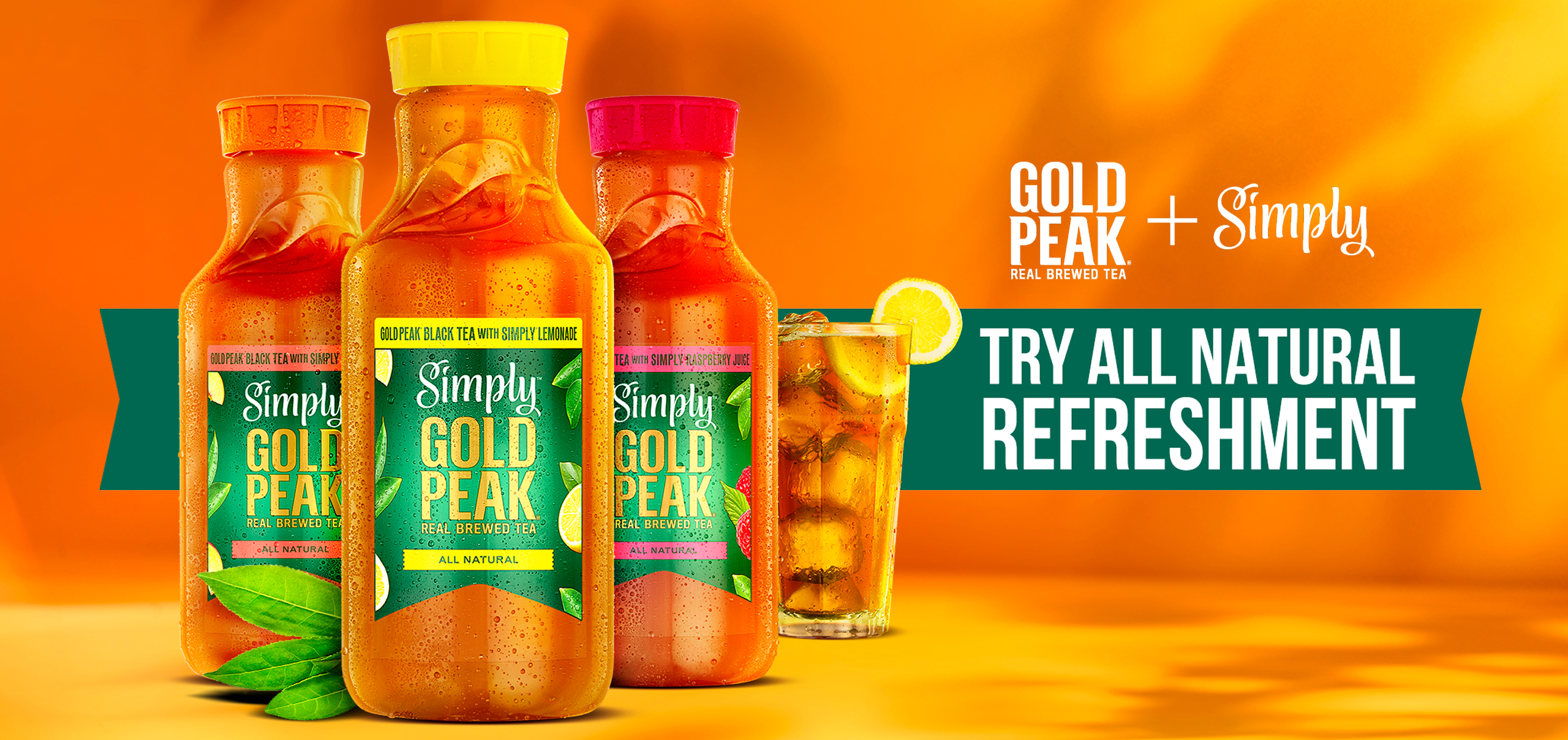Three bottles of Simply Gold Peak beverages with a filled, chilled glass