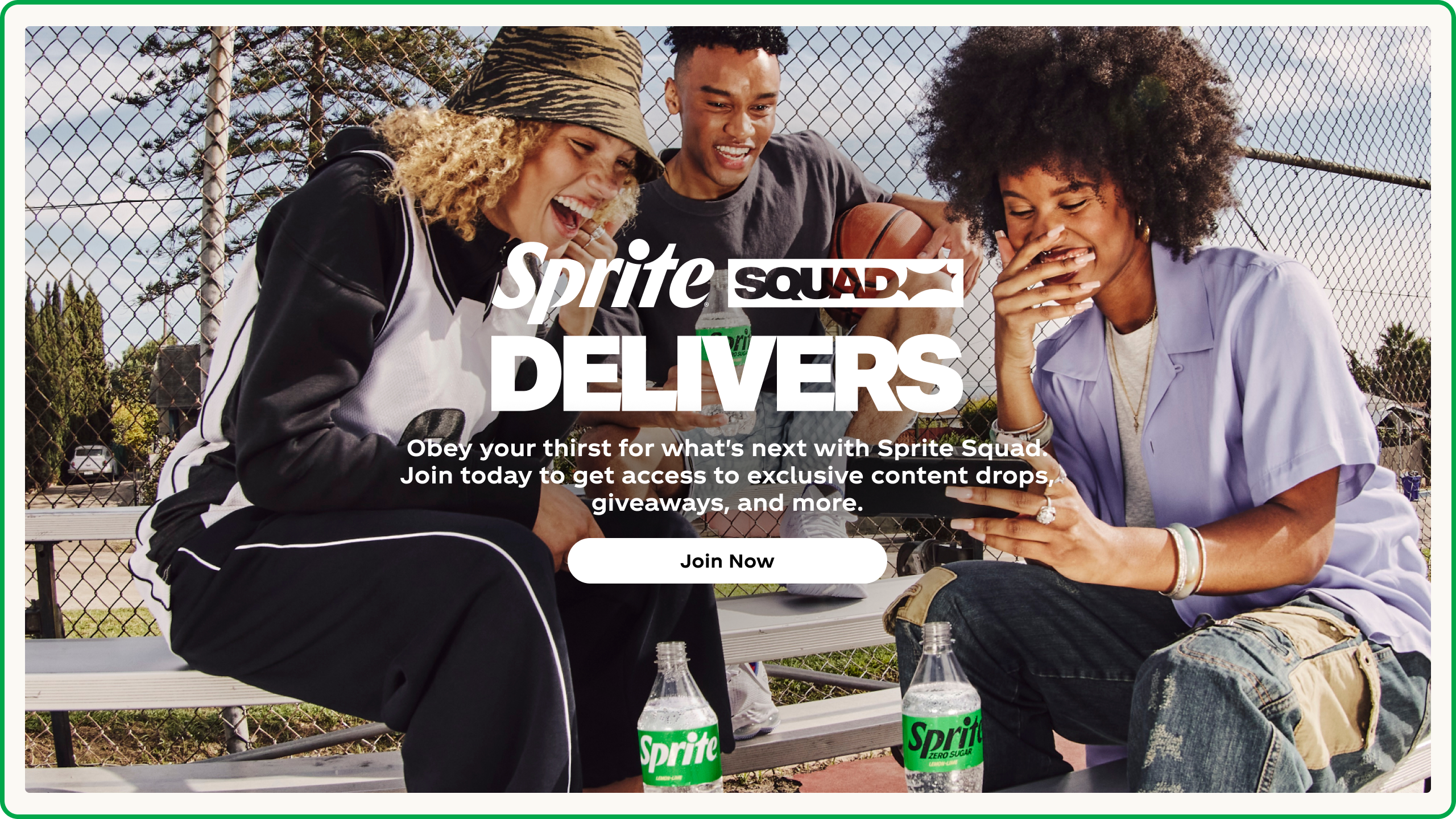 Group of friends sitting outdoors on a bench with Sprite bottles in view, promoting the Sprite Squad campaign for exclusive content, giveaways, and more.