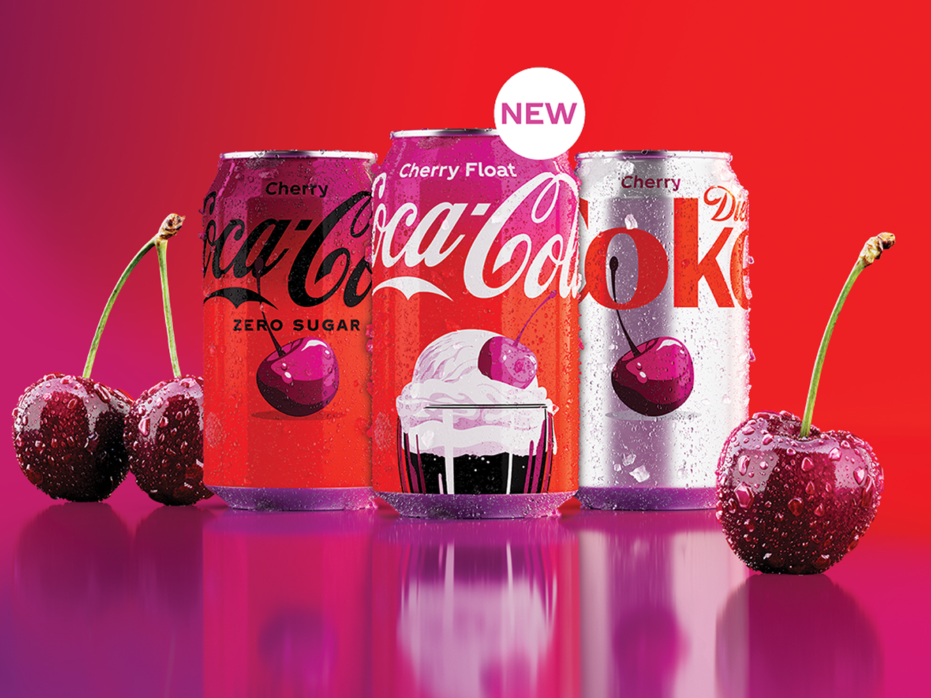 Cans of Coca‑Cola Cherry, Cherry Float and Diet Coke Cherry with fresh cherries on a vibrant red background