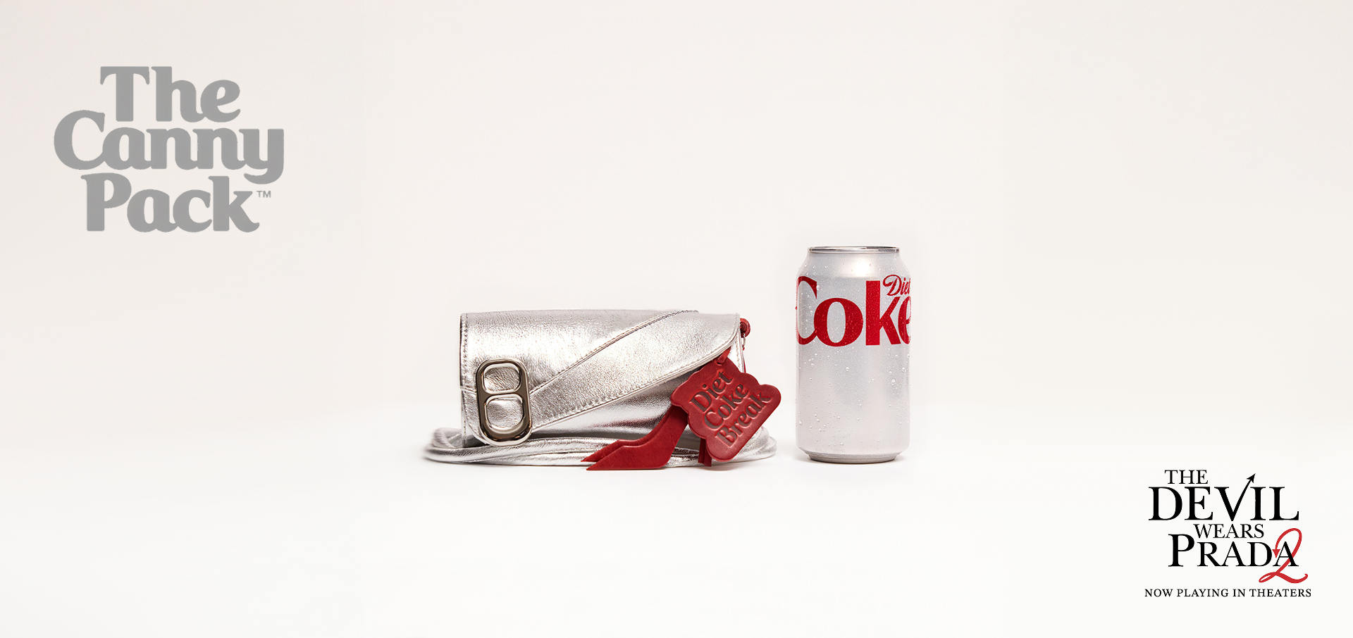 Diet Coke Canny Pack hero banner with silver bag and chilled Diet Coke can centered on clean white background