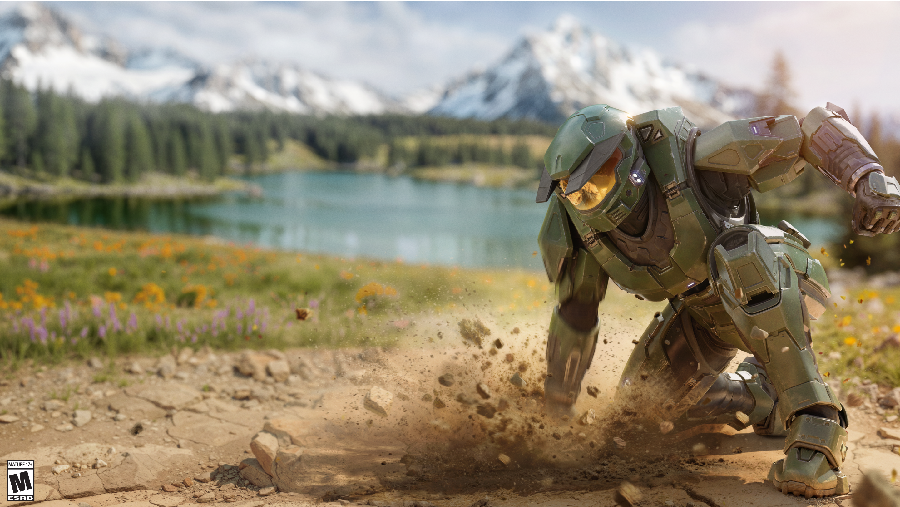 An armored soldier lands with a crash in front of a lake and mountain landscape.