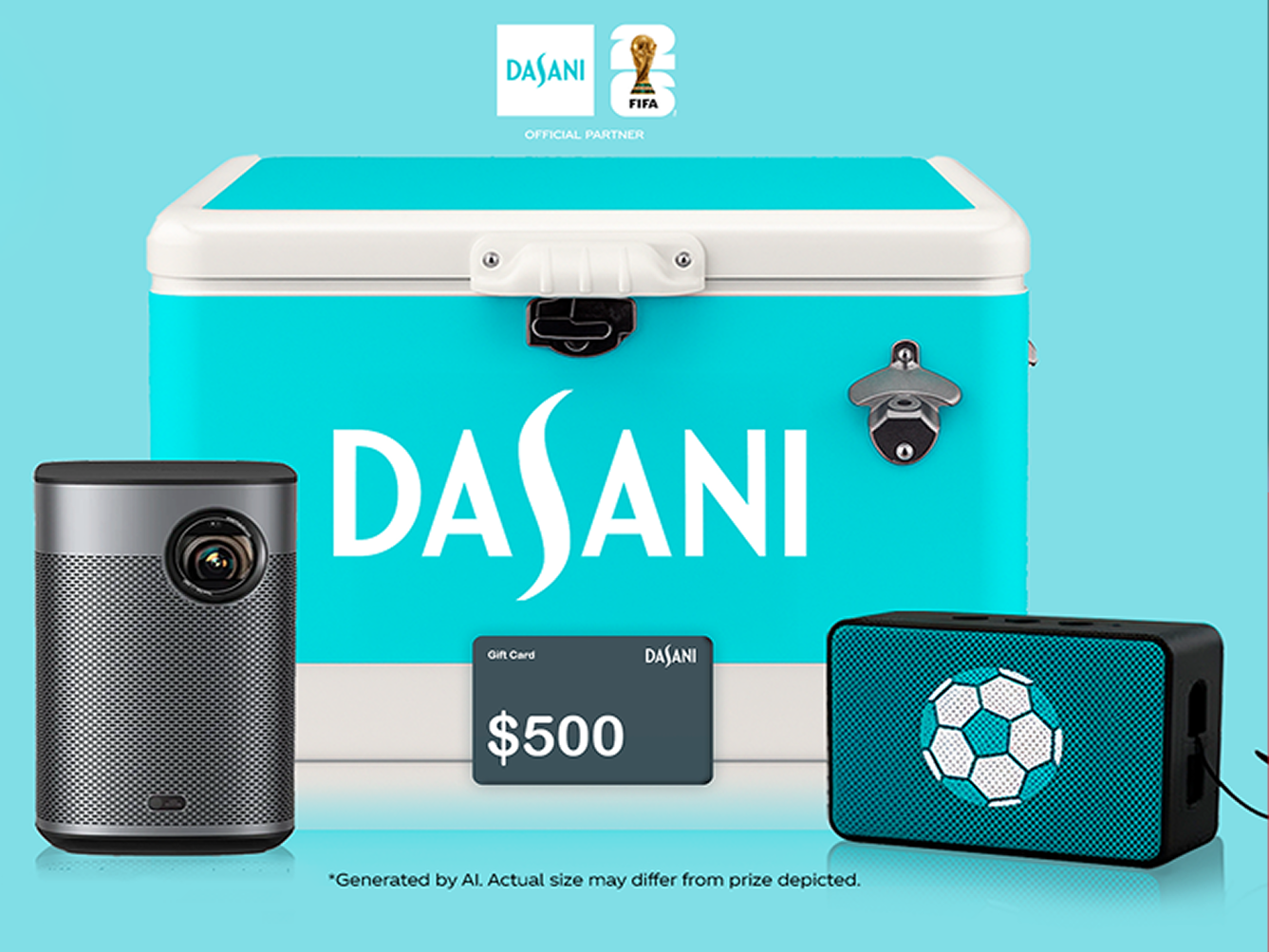 Teal Dasani prize bundle with branded cooler, mini projector, speaker and $500 gift card for a FIFA World Cup sweepstakes promotion.