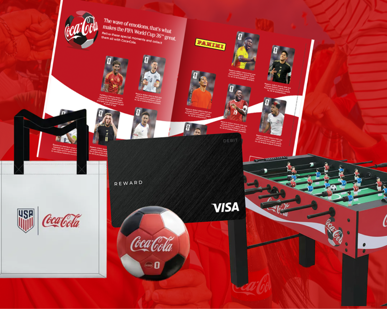 Coca‑Cola and US Soccer prize bundle with tote bag, Panini album, foosball table, soccer ball and VISA card