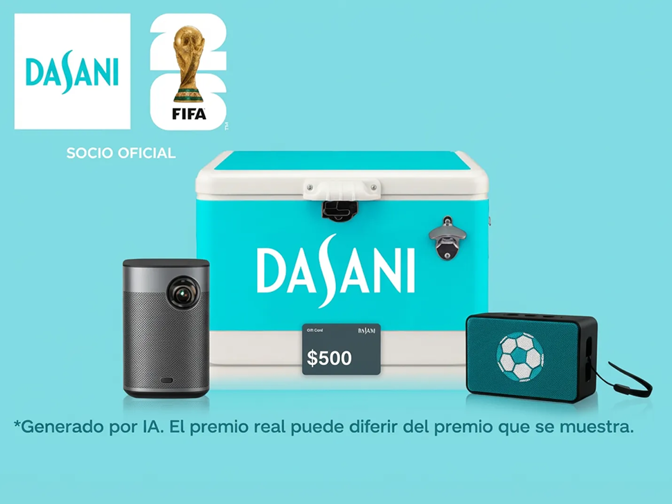 Paquete de premios Dasani con hielera azul, proyector, bocina y tarjeta de $500 para sorteo de la Copa Mundial FIFA.