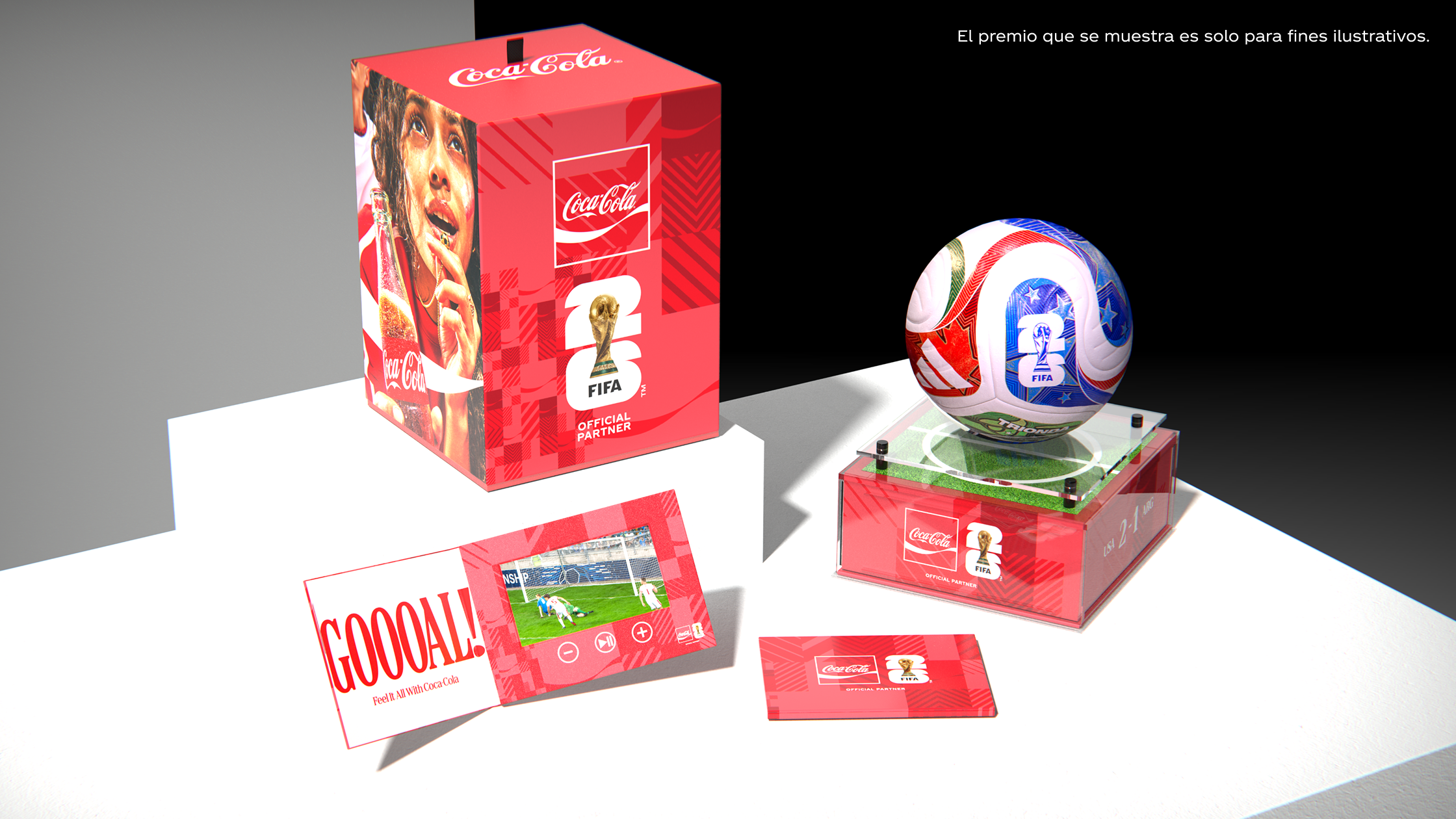 Paquete de premios del sorteo Coca‑Cola Copa Mundial de la FIFA con balón oficial del partido, vitrina y caja coleccionable.