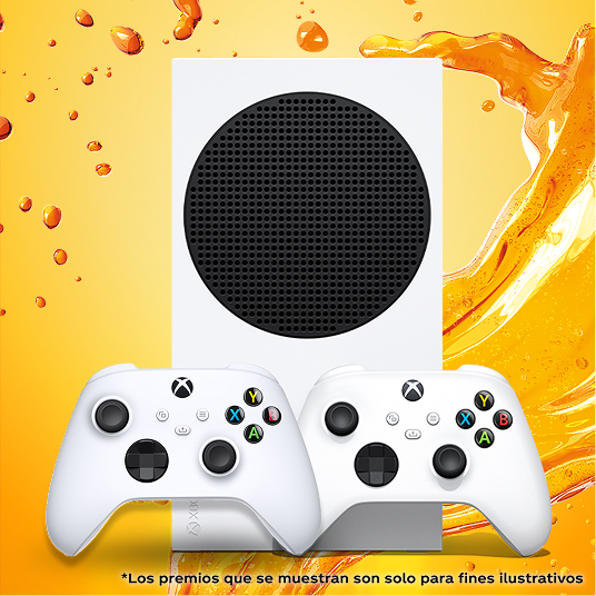 Una Xbox Series 5 envuelta en una skin de “Ven a buscarla” color naranja Fanta, dos controladores inalámbricos Xbox envueltos en skins de “Ven a buscarla” color naranja Fanta y dos guantes para juegos sobre un fondo líquido color naranja Fanta.