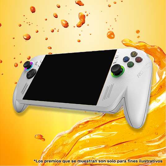 Un controlador inalámbrico de Xbox con una pantalla que muestra el ROG Xbox Ally sobre un fondo líquido color naranja Fanta.