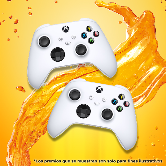 Dos controladores inalámbricos Xbox sobre un fondo líquido color naranja Fanta.