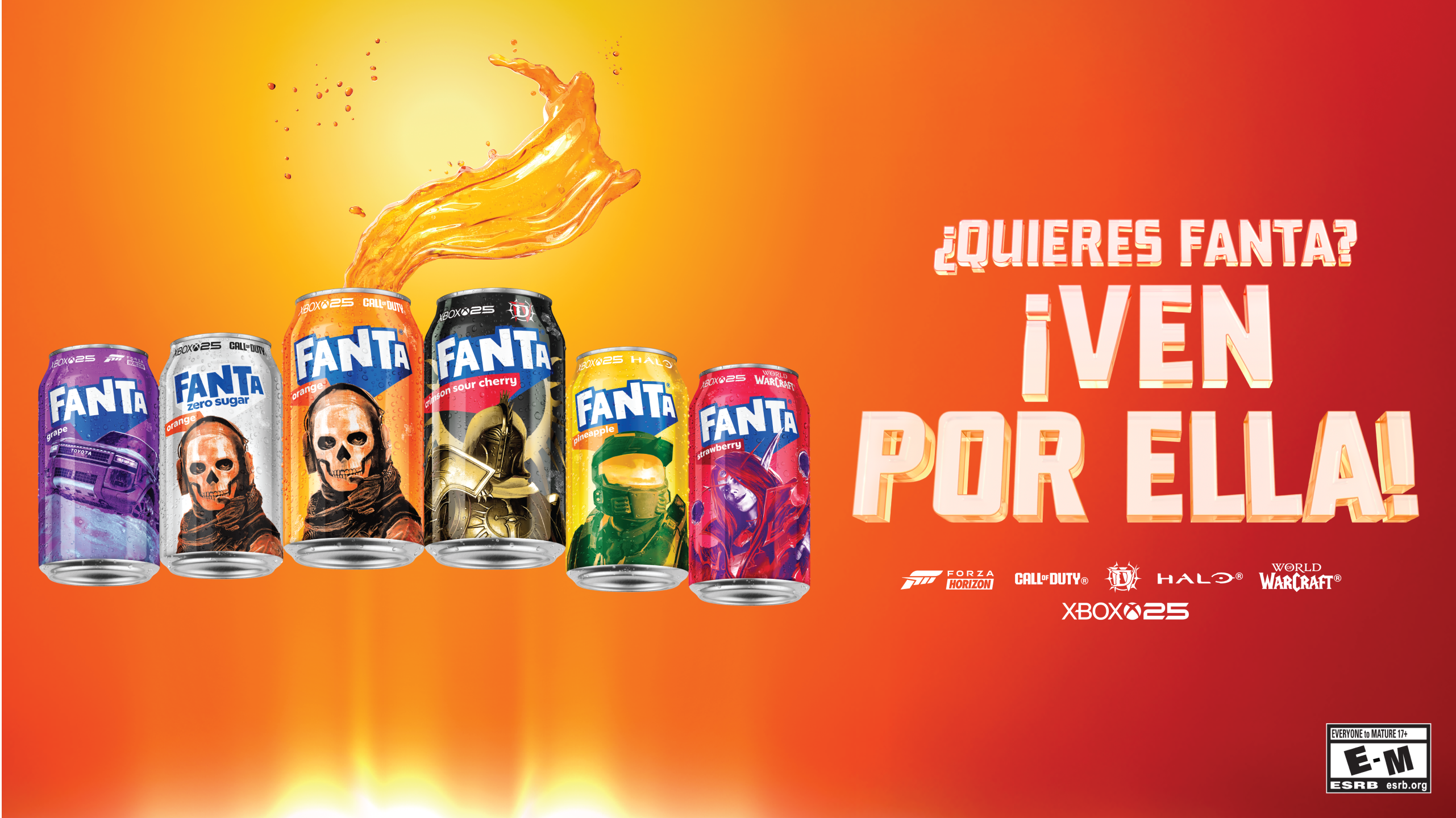 La colección Fanta Xbox incluye latas con personajes de Call of Duty, Diablo IV, Halo y World of Warcraft. El texto dice: “¿Quieres una Fanta? Ven a buscarla”. Clasificación ESRB: de Todos a mayores de 17 años