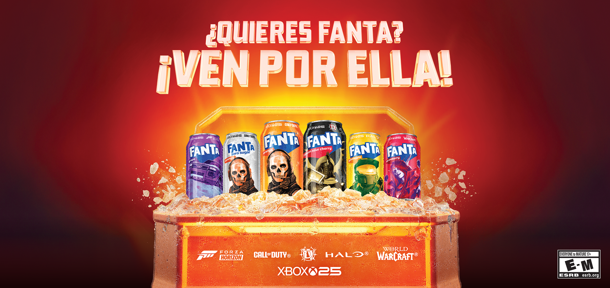 Un cofre con recompensas que se abre para revelar las latas de Fanta con personajes de Forza Horizon 6, Call of Duty, Diablo IV, Halo y World of Warcraft. El texto dice: “¿Quieres una Fanta? Ven a buscarla”.